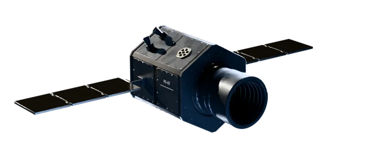 PX-1 Witness rendered in Blender: a gunmetal hex bus, a telescope behind a deep baffle and two solar wings of three panels each