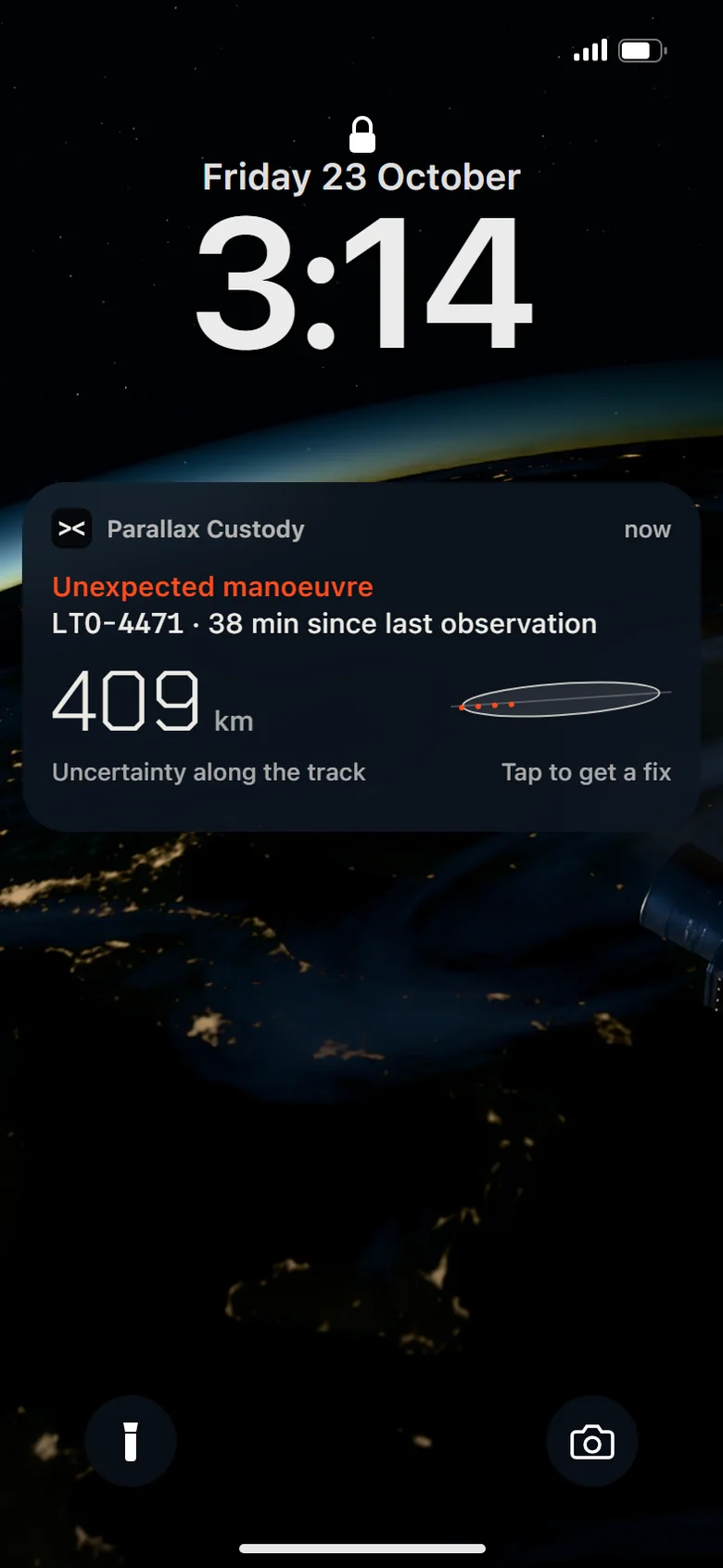 The lock screen alert: LTO-4471, 38 minutes since the last observation