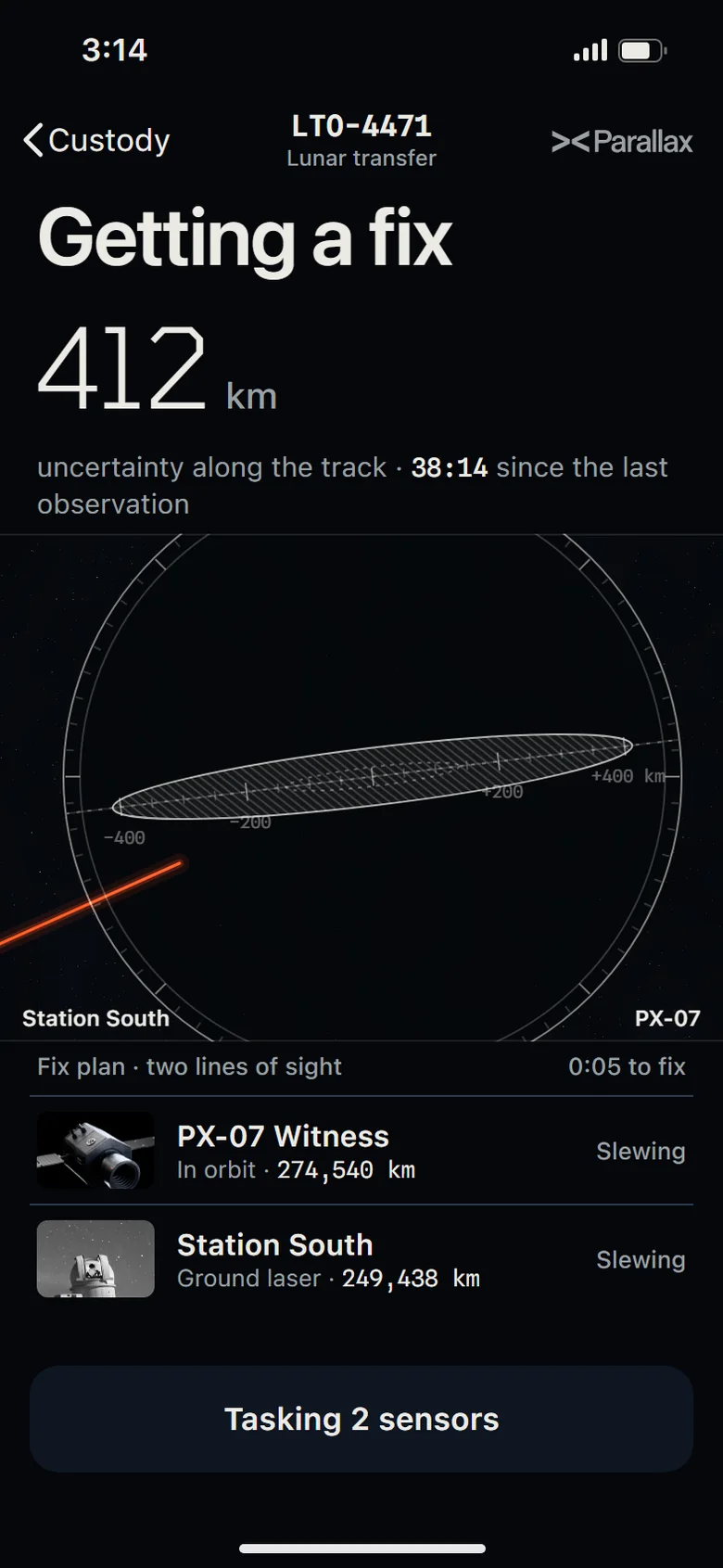 The phone app: getting a fix, tasking two sensors