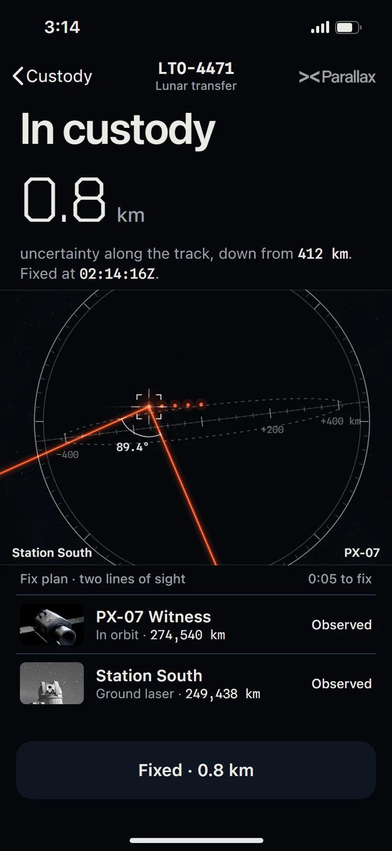 The Custody phone app at the fix: In custody, 0.8 km