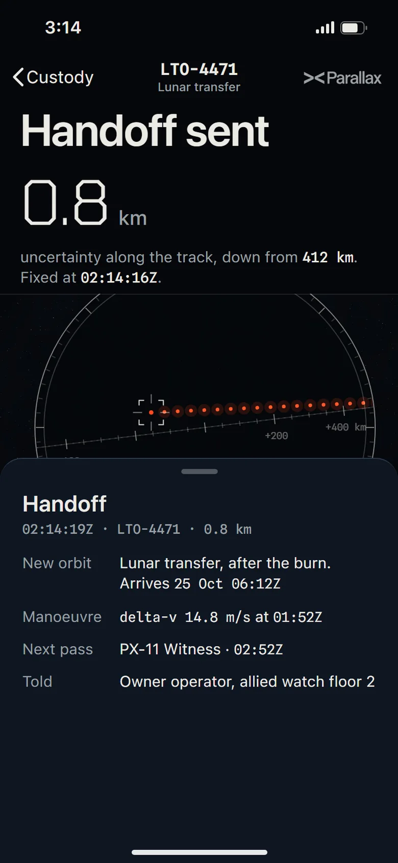 The phone app: the handoff sheet with the new orbit, the manoeuvre and the next pass