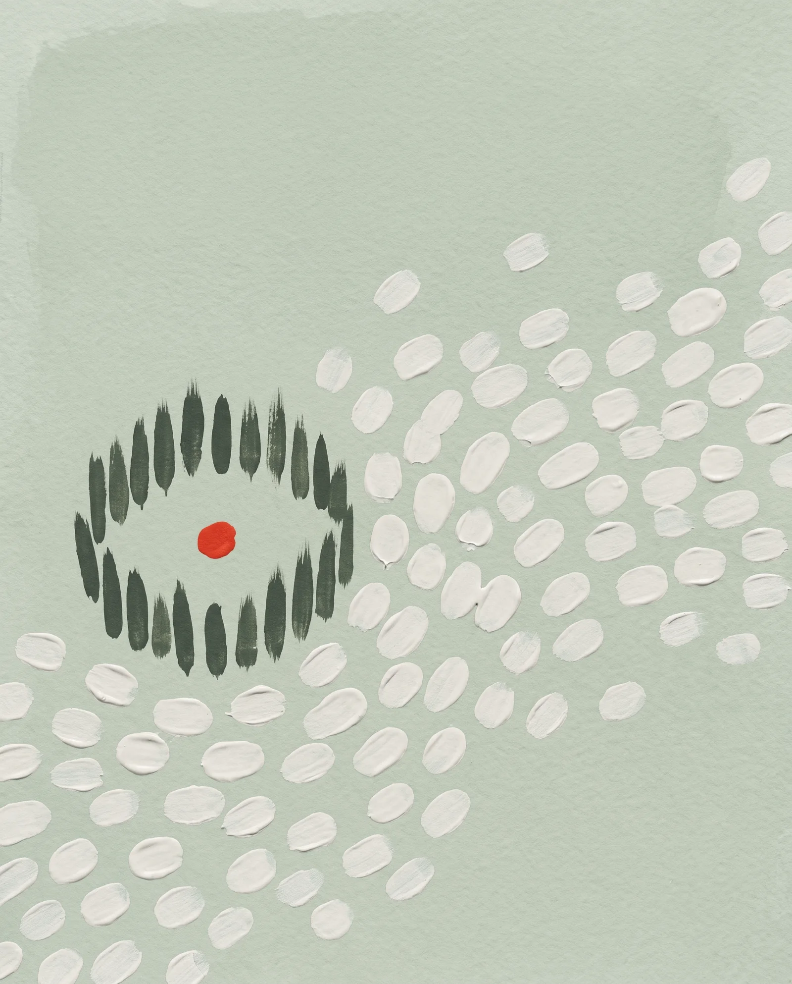 Gouache: a broken ring of moss strokes holds one red dab as white dabs drift past