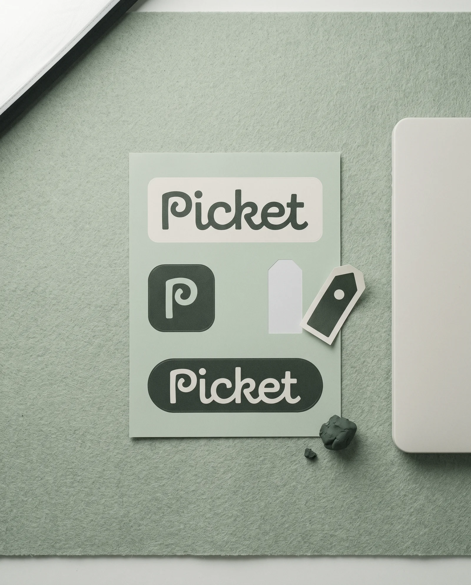 A Picket sticker sheet on sage felt
