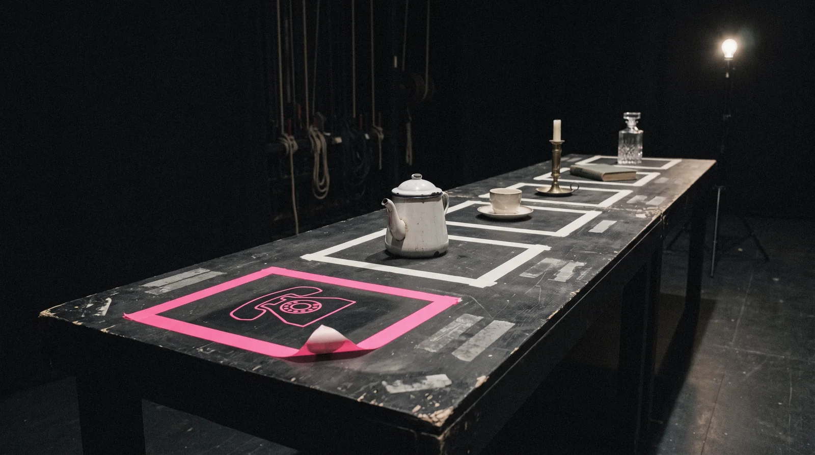 Quoin key art: a dark prop table where every object sits in a taped outline, one outline in pink