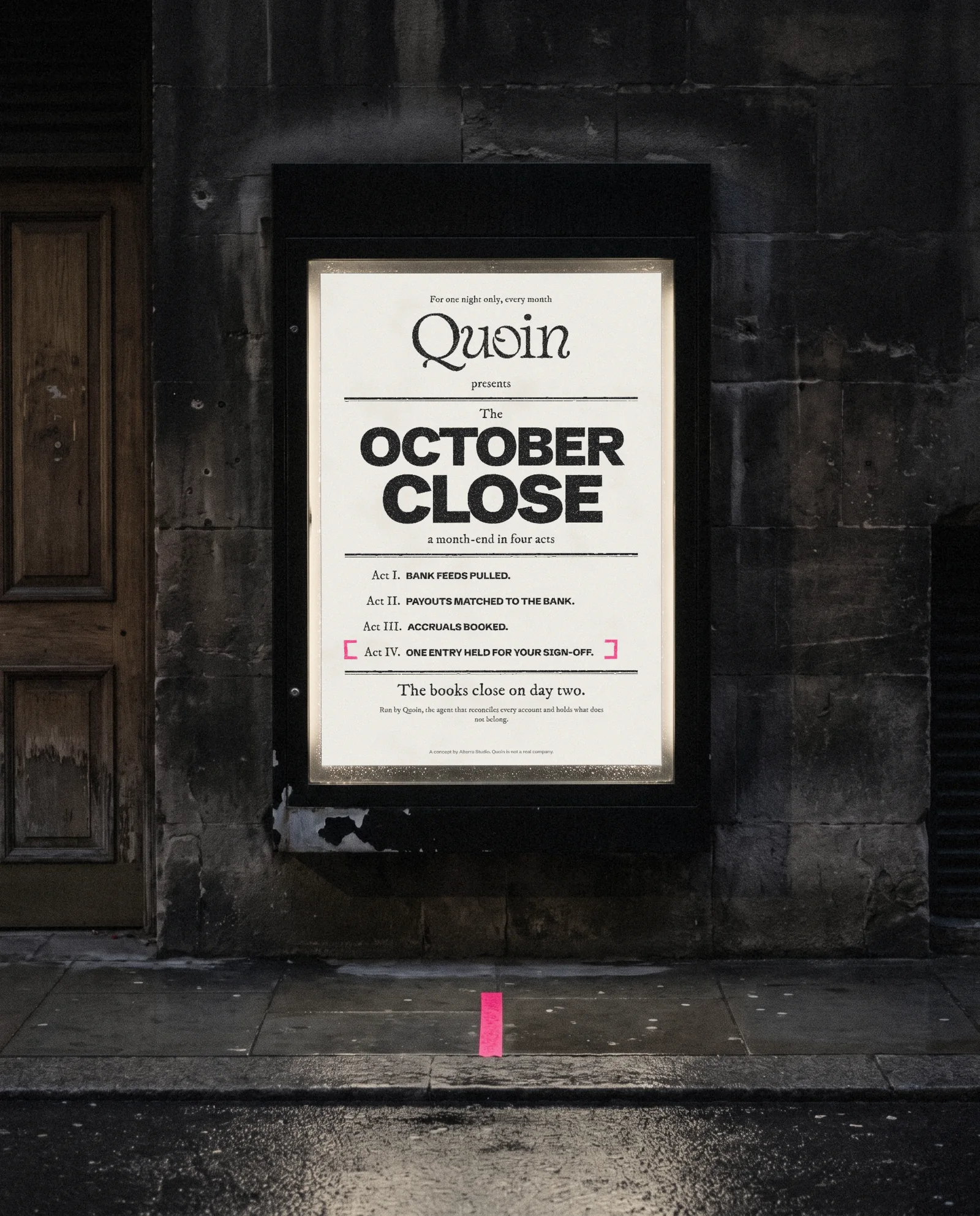 The October Close poster in a backlit case by a stage door at night