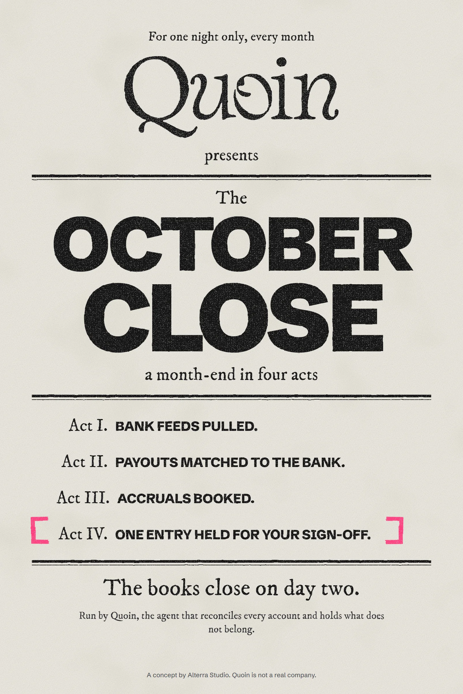 Poster: The October Close, a month-end in four acts
