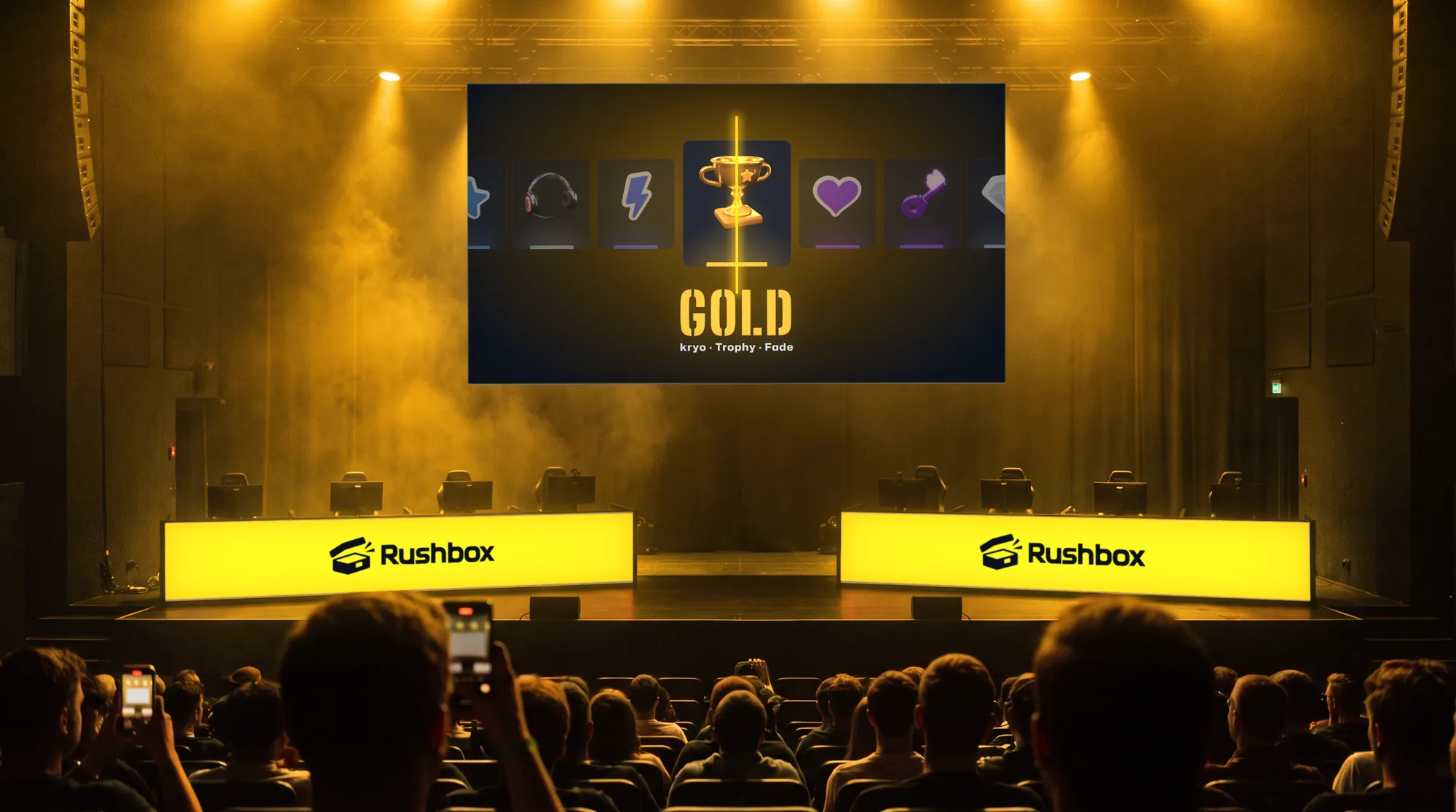 An esports arena flooded yellow as a gold-grade trophy lands on the main screen, Rushbox on the desk bands
