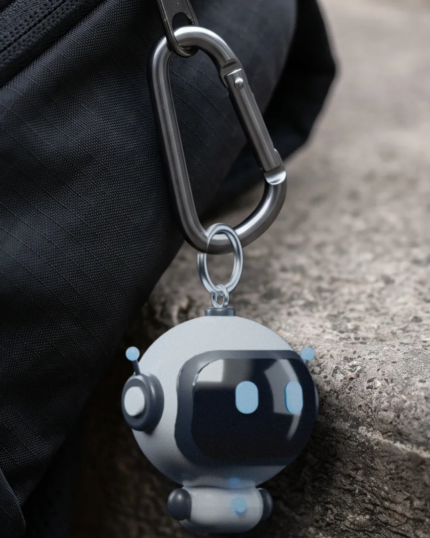 The Rush charm hanging from a backpack carabiner