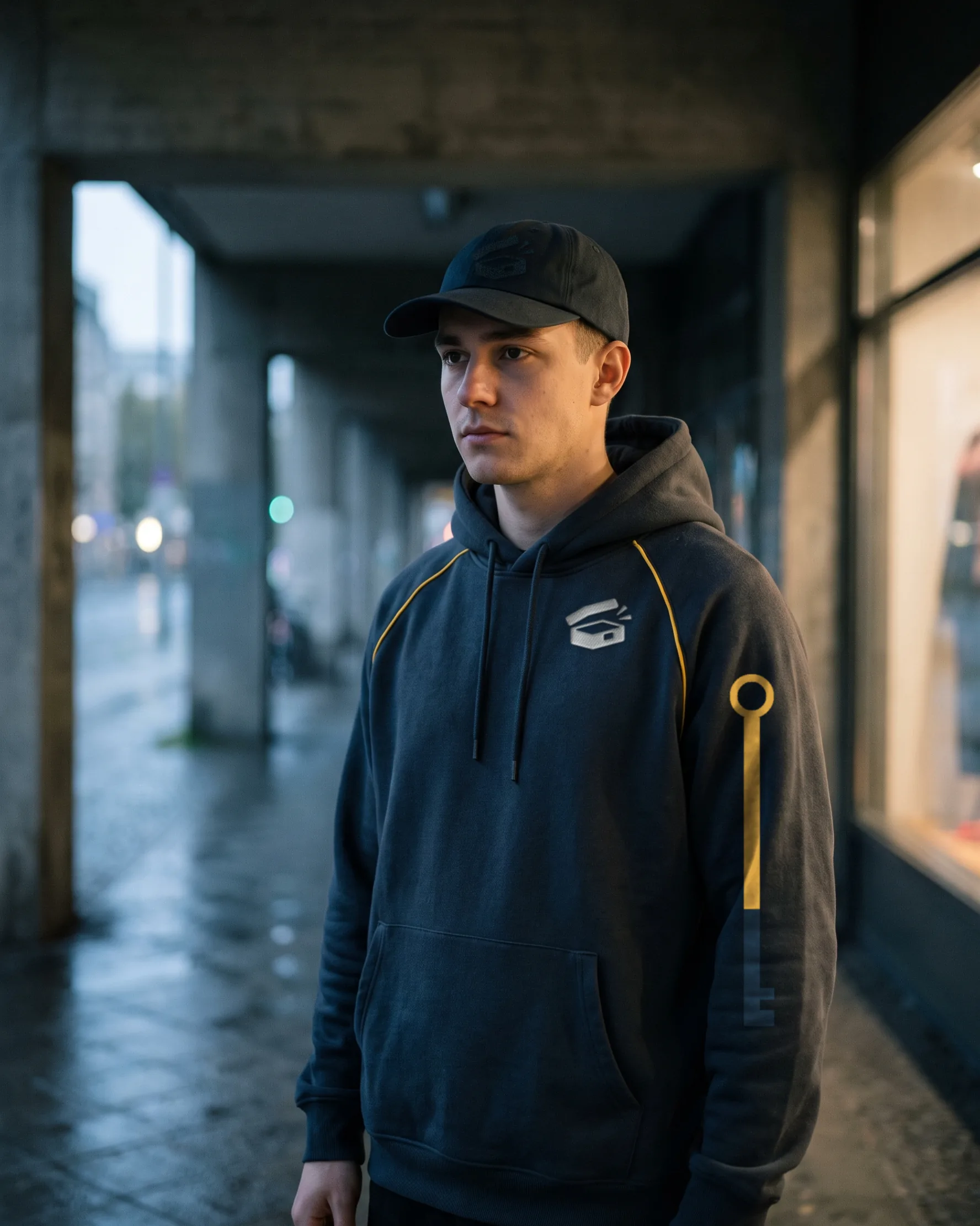 A person in a Rushbox hoodie and cap