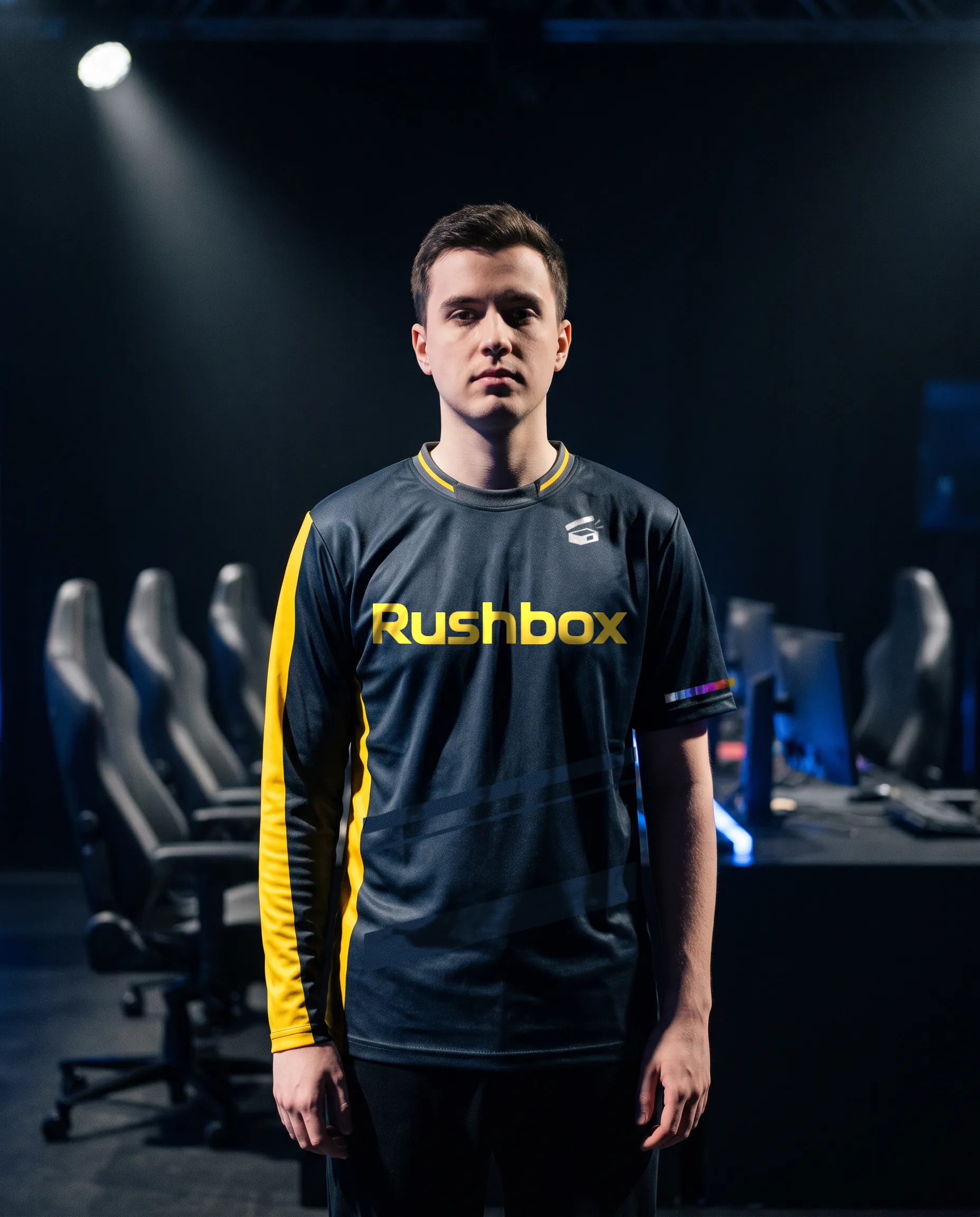 A player in the Rushbox team jersey on a LAN stage