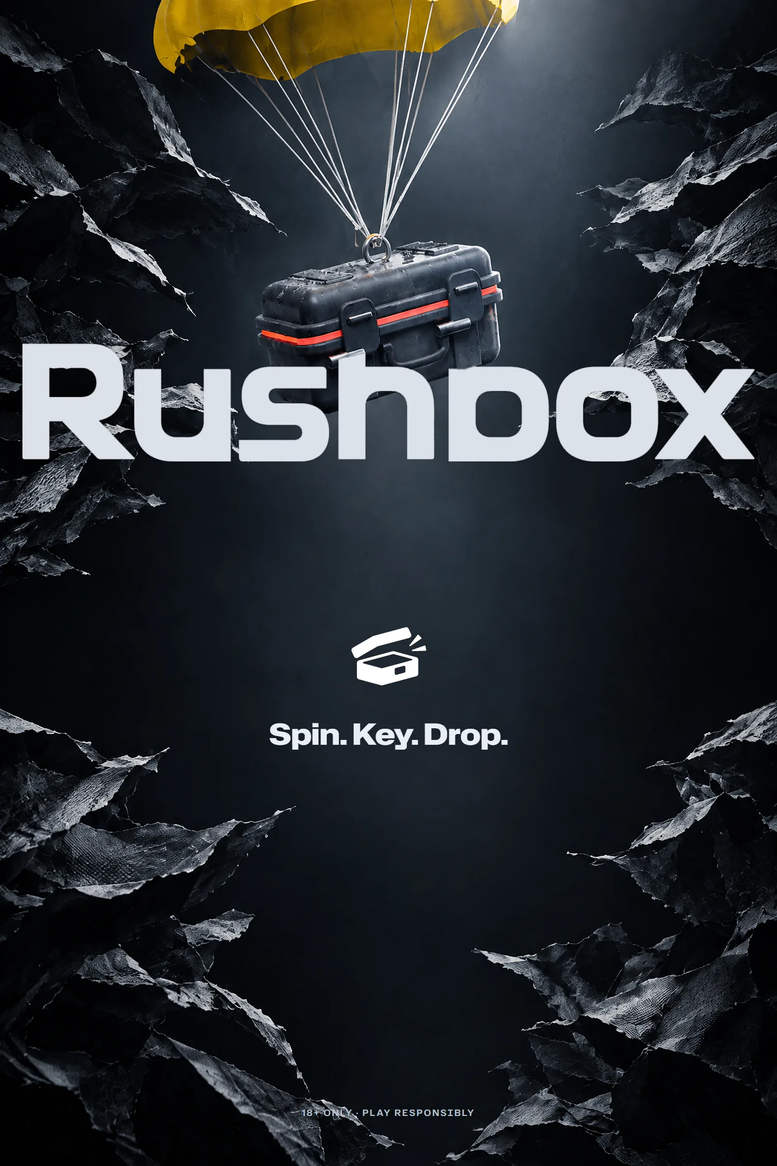 Poster: the case on its parachute over the Rushbox masthead, Spin. Key. Drop.