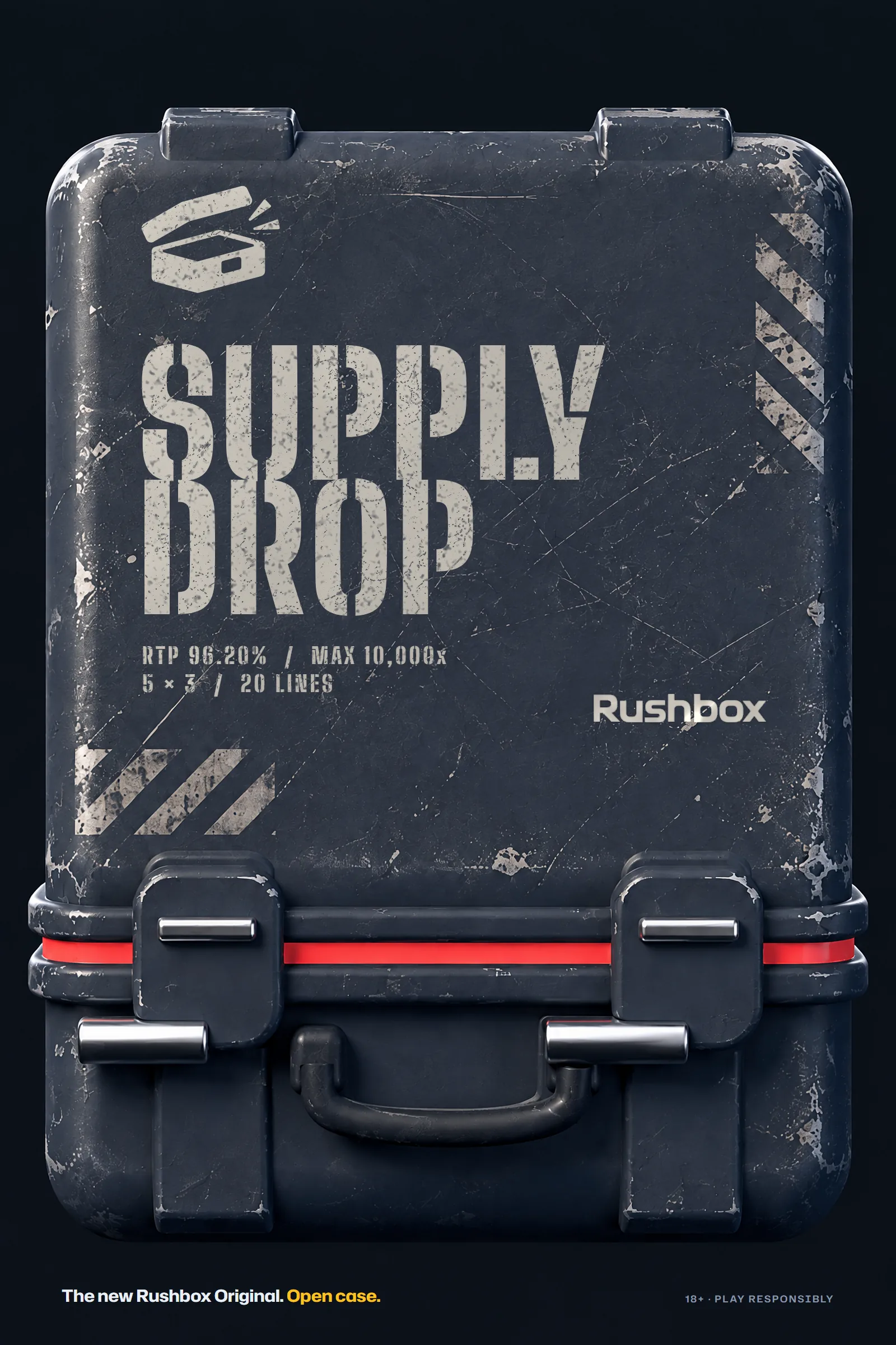 Poster: Supply Drop painted on the lid of a scuffed hard case