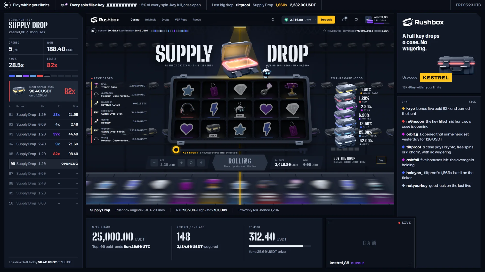 A slot stream: a bonus hunt overlay around Supply Drop, with the hunt list, the totals and live chat
