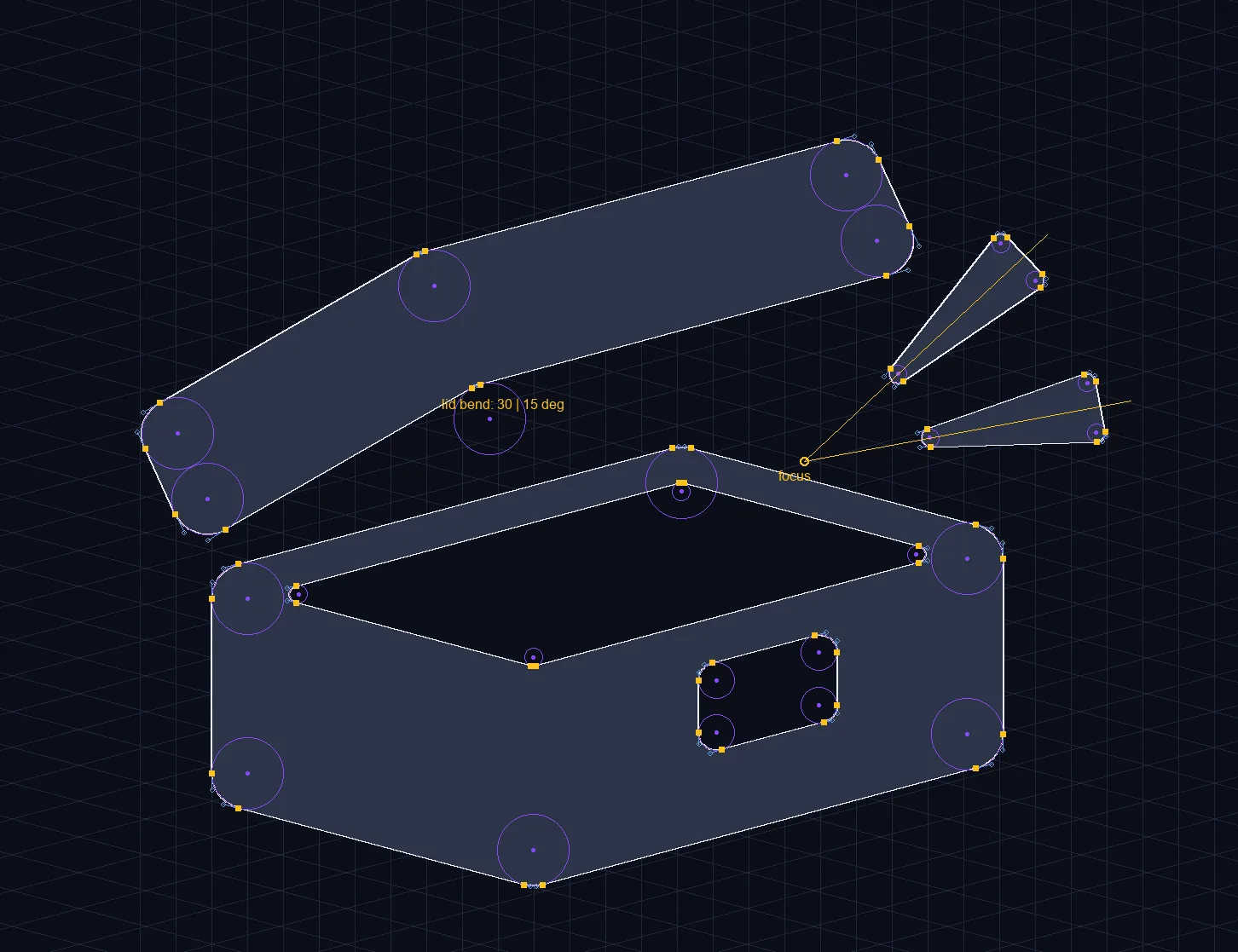 The symbol's construction: the box, lid and burst lines on a 15-degree grid, with every radius and anchor marked