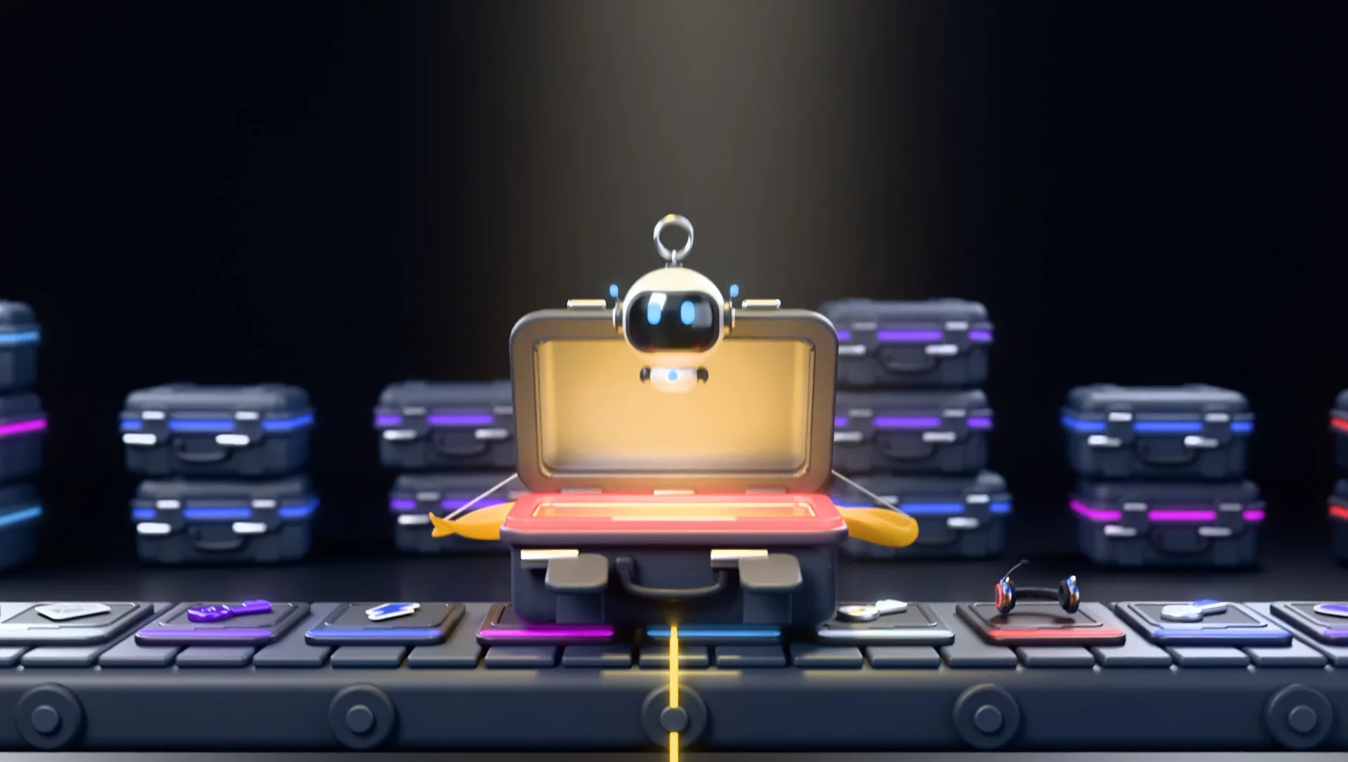 A rendered case open on the item conveyor, gold light inside and Rush floating above it, stacks of cases behind