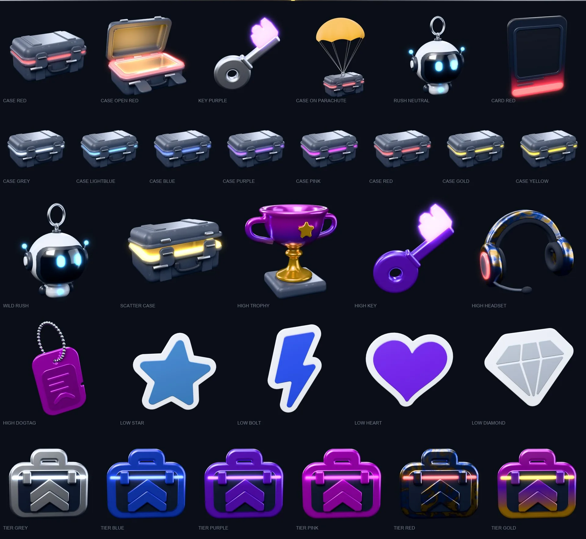 The kit: cases in eight colours, the key, the parachute, Rush, ten slot symbols and six VIP ranks
