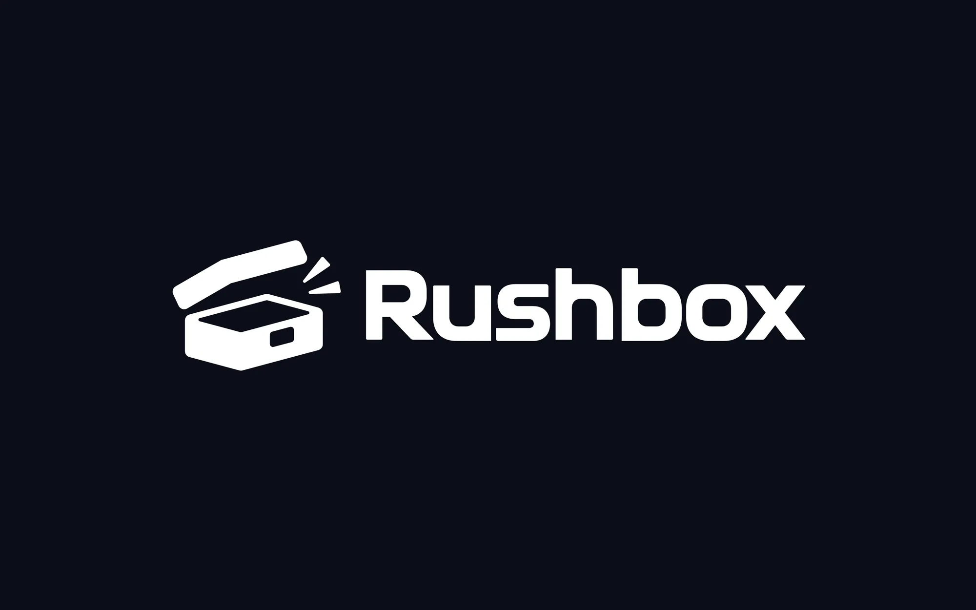 The Rushbox lockup in white on night navy: the open-box symbol and the wordmark