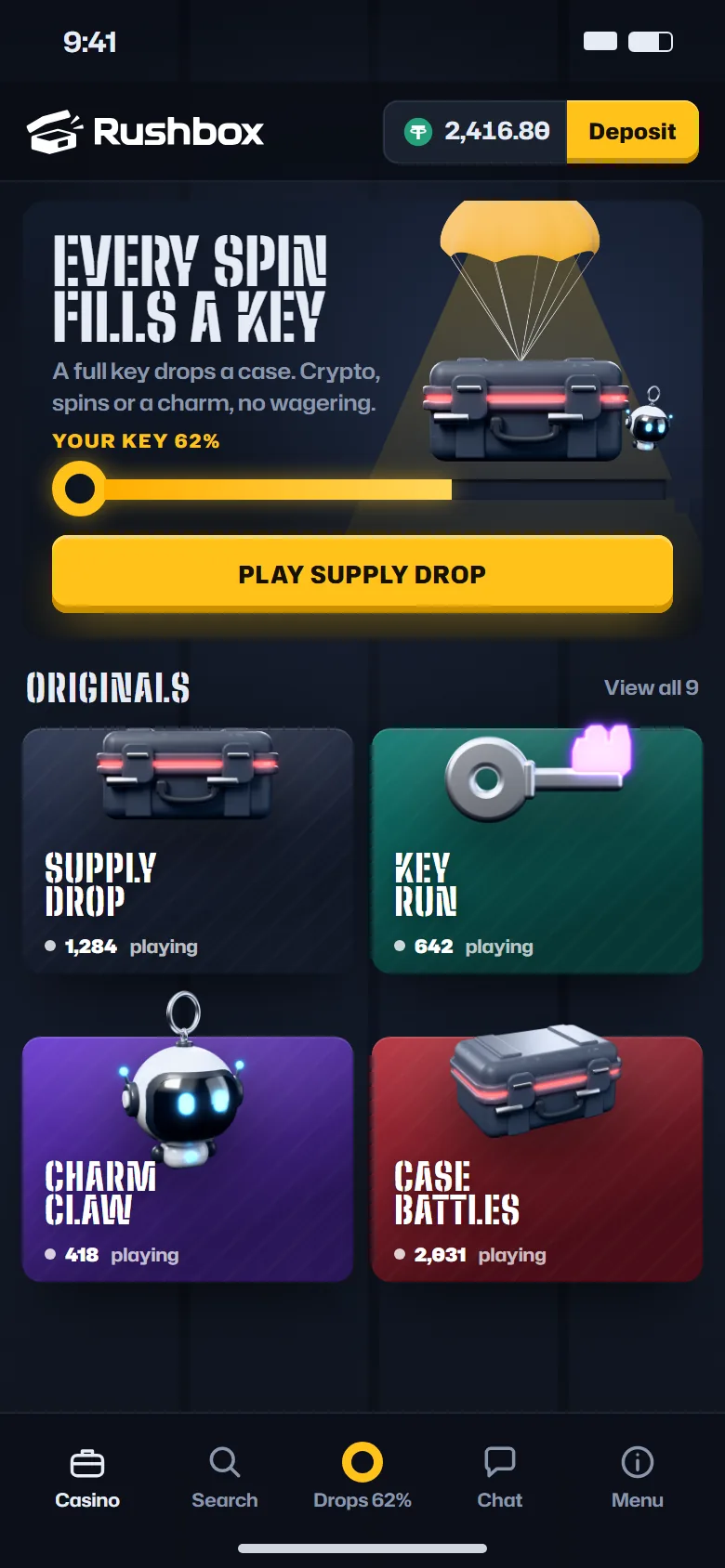 The phone lobby: the key at 62% and Play Supply Drop