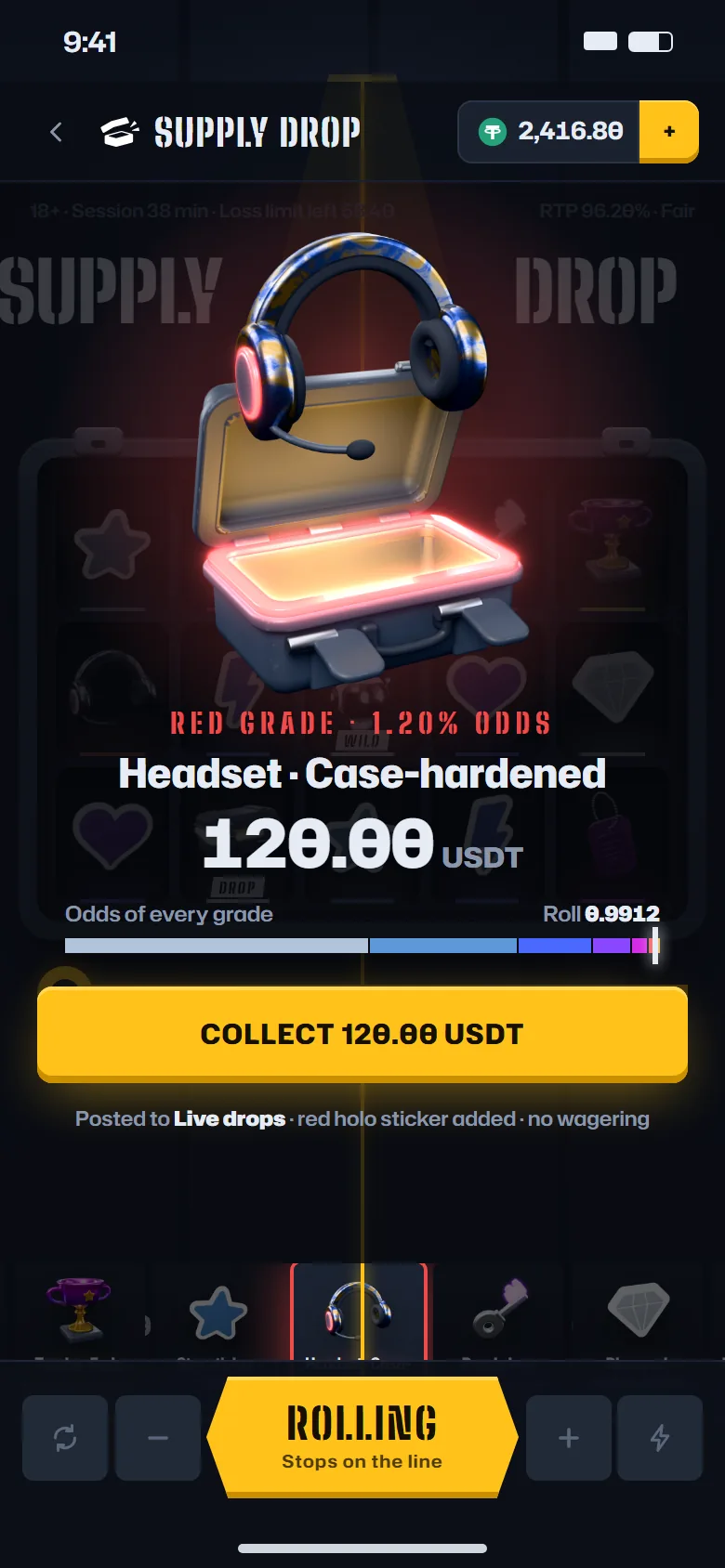 The reveal on a phone: a red-grade headset and Collect