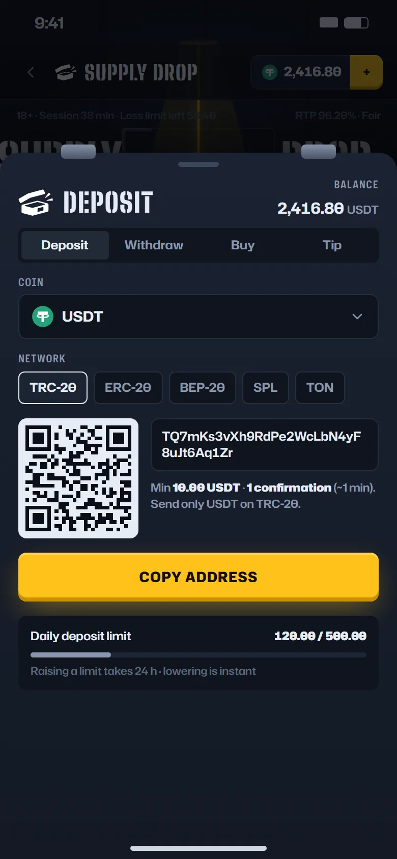 The deposit sheet: USDT on TRC-20, the address and the daily deposit limit