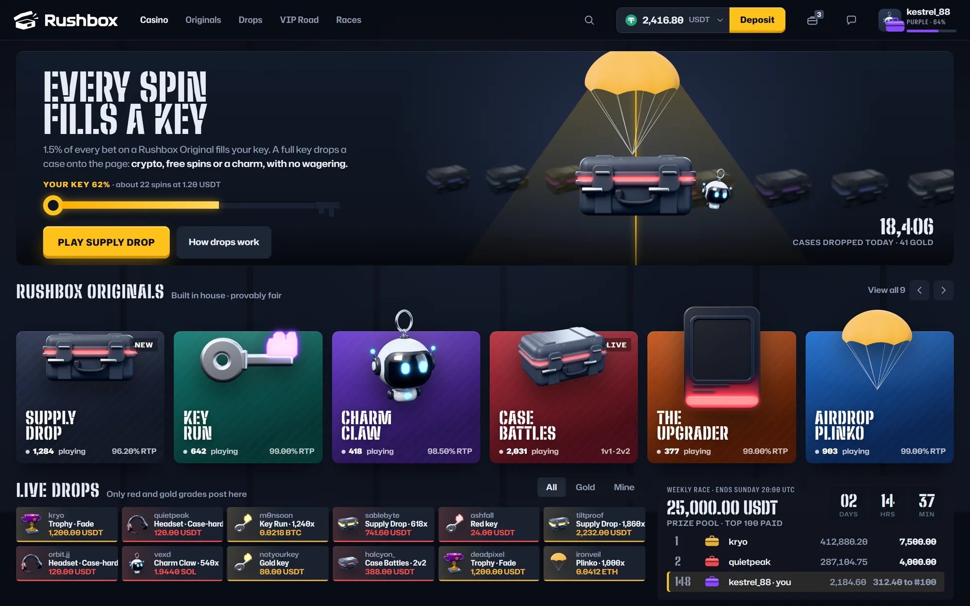 The Rushbox lobby: Every spin fills a key, the key meter, the Originals row and live drops