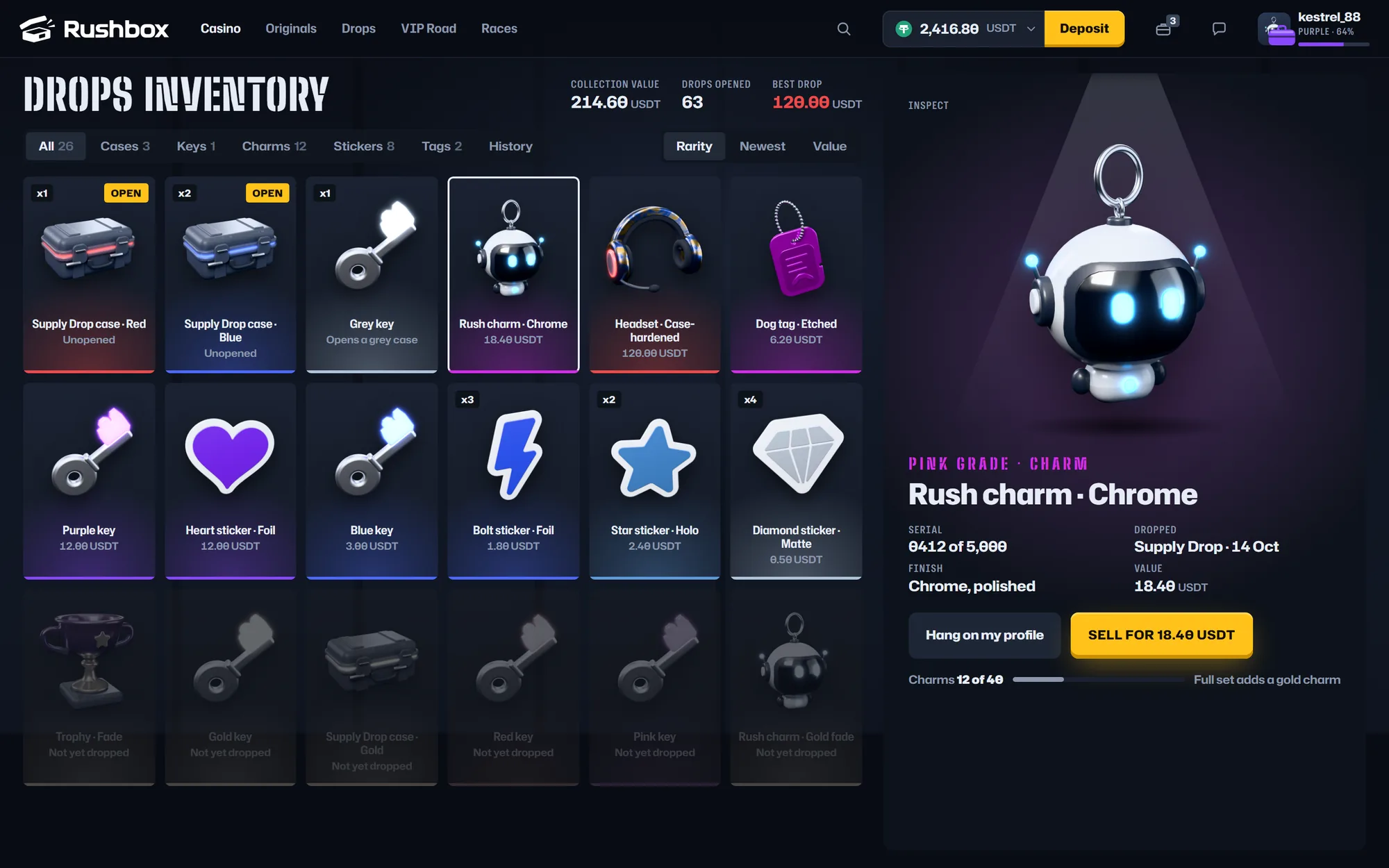 The drops inventory: cases, keys, charms and stickers, with the Rush charm open and a Sell button