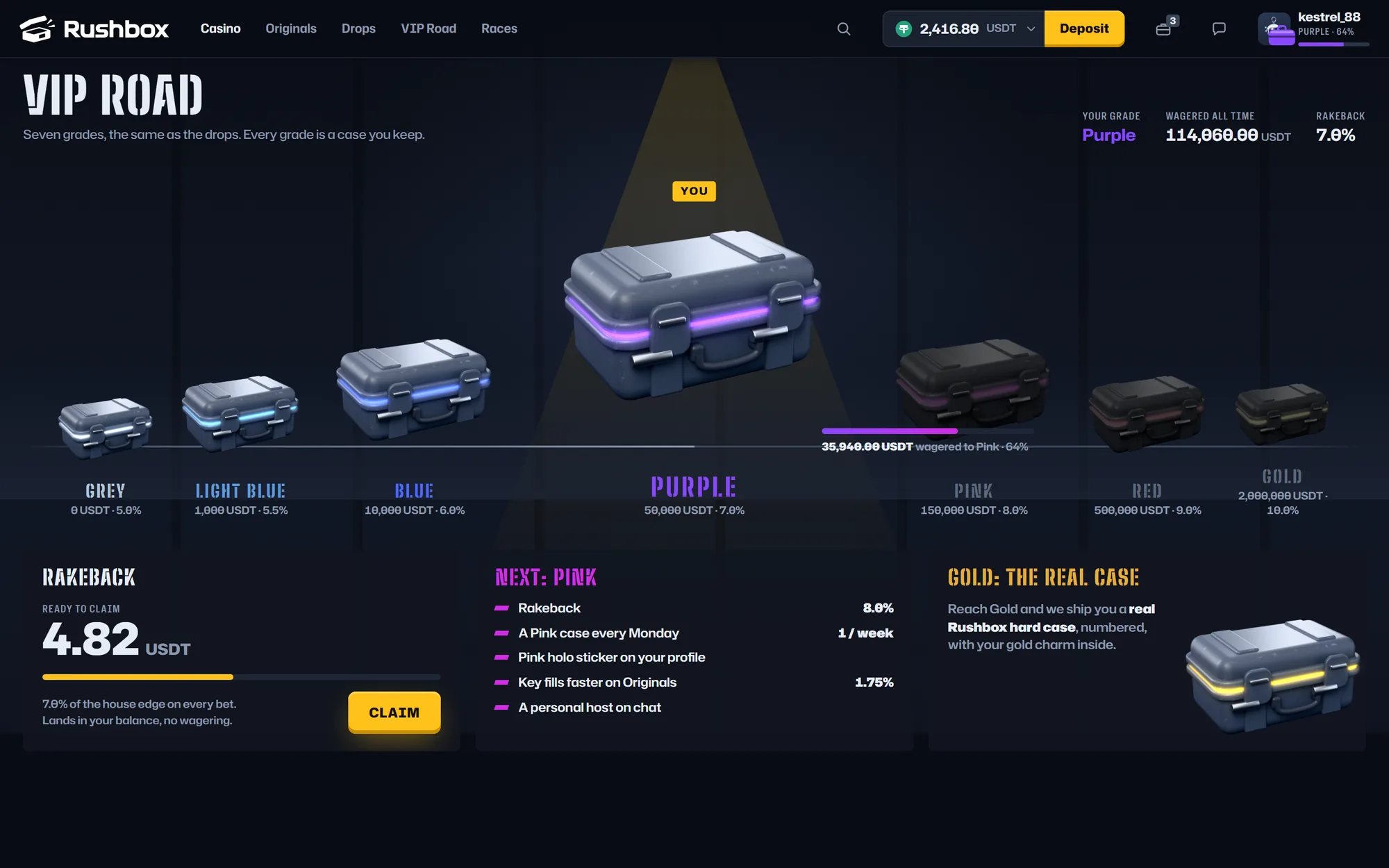 The VIP road: seven cases from grey to gold, the player at purple, and rakeback to claim