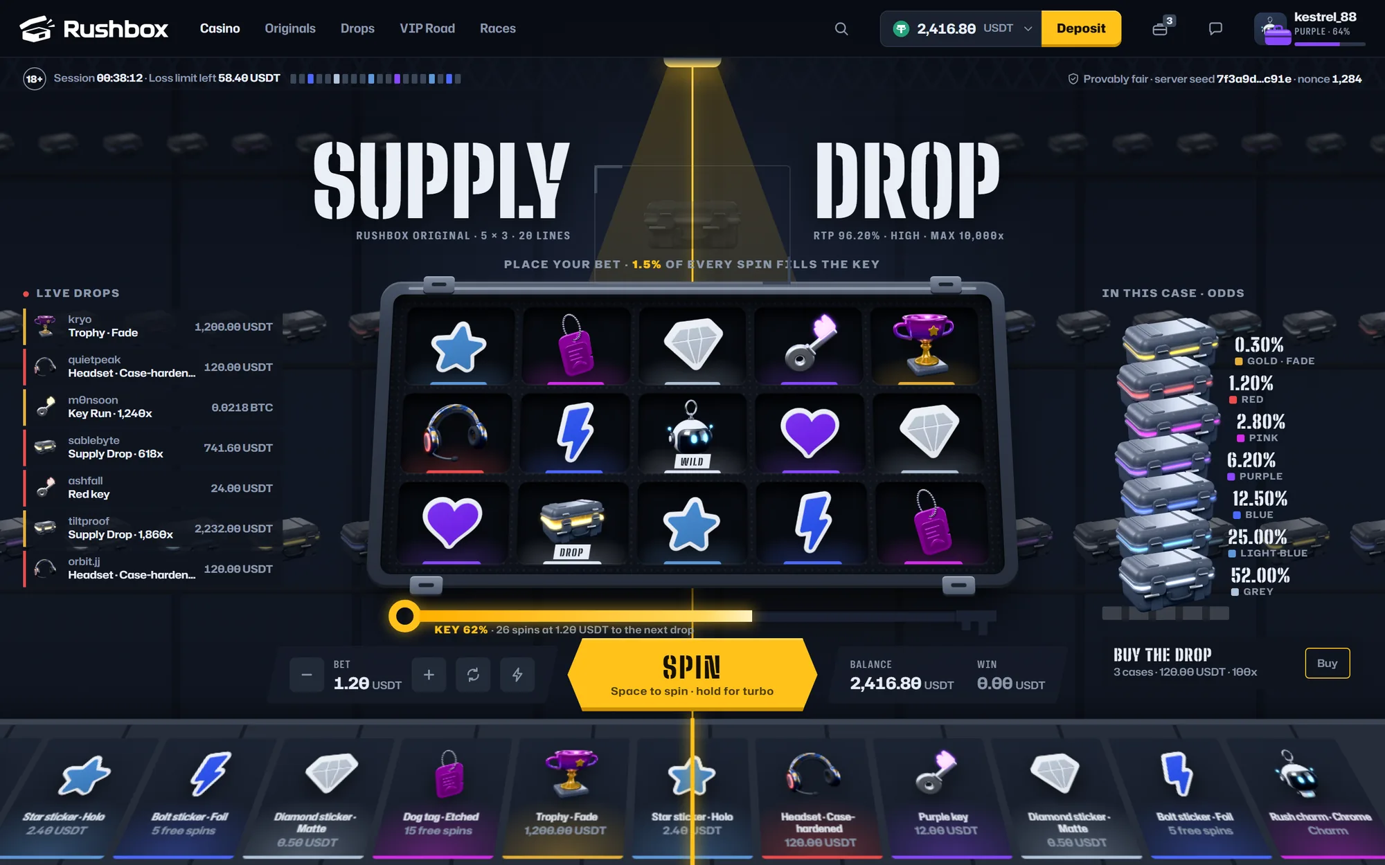 Supply Drop at rest: the reels, the key meter, live drops on the left and the case odds on the right