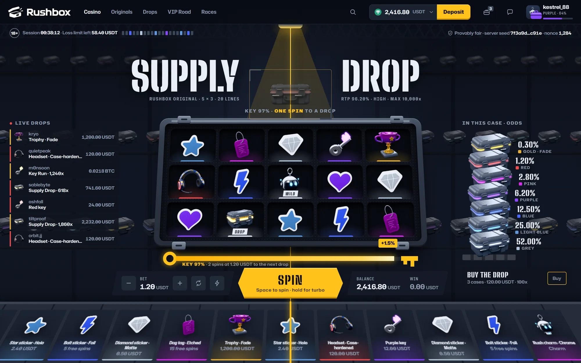 Supply Drop with the key meter under the reels nearly full, one spin from a drop