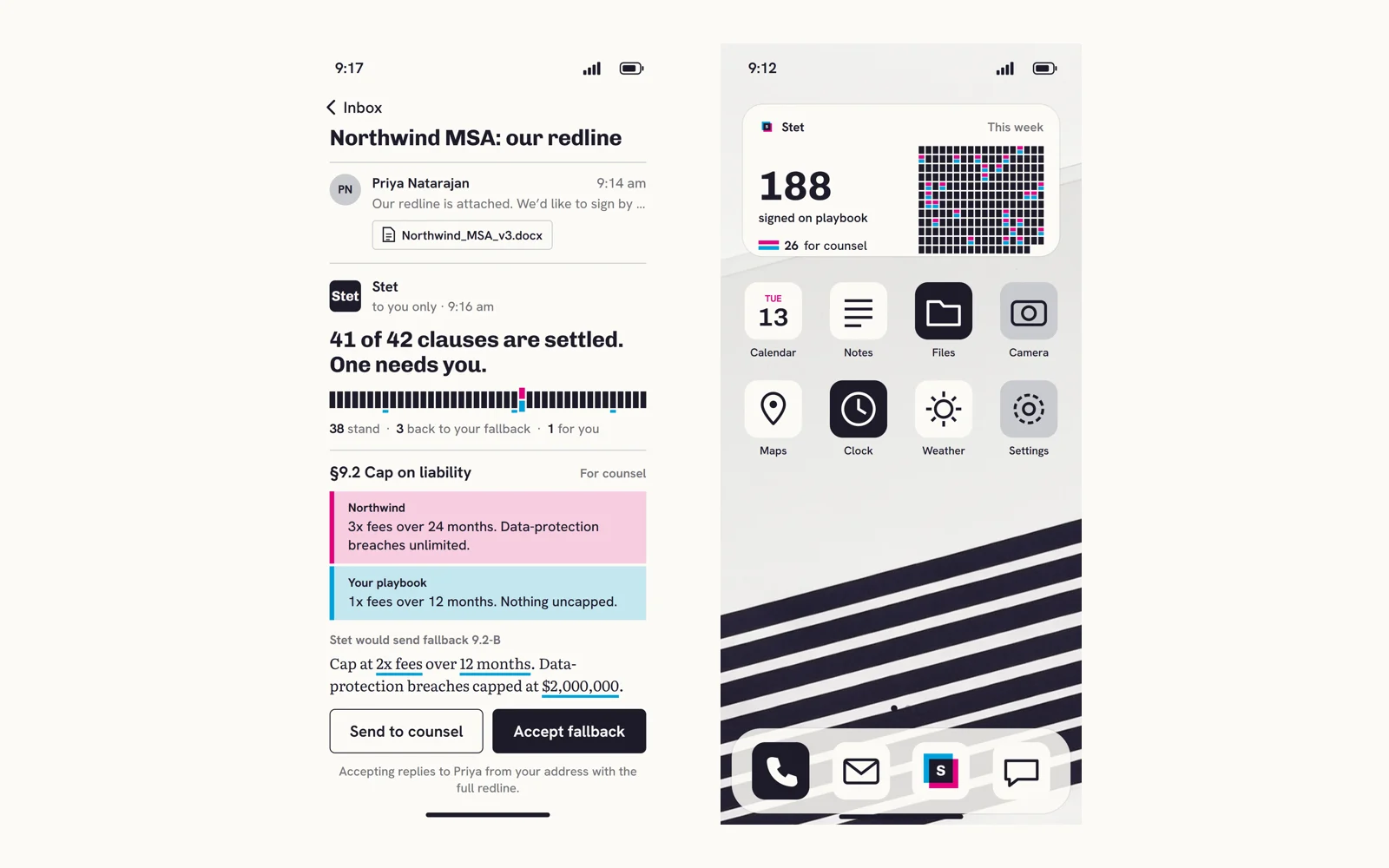 The general counsel's phone: Stet's reply in the contract's email thread, and the Stet app on the home screen