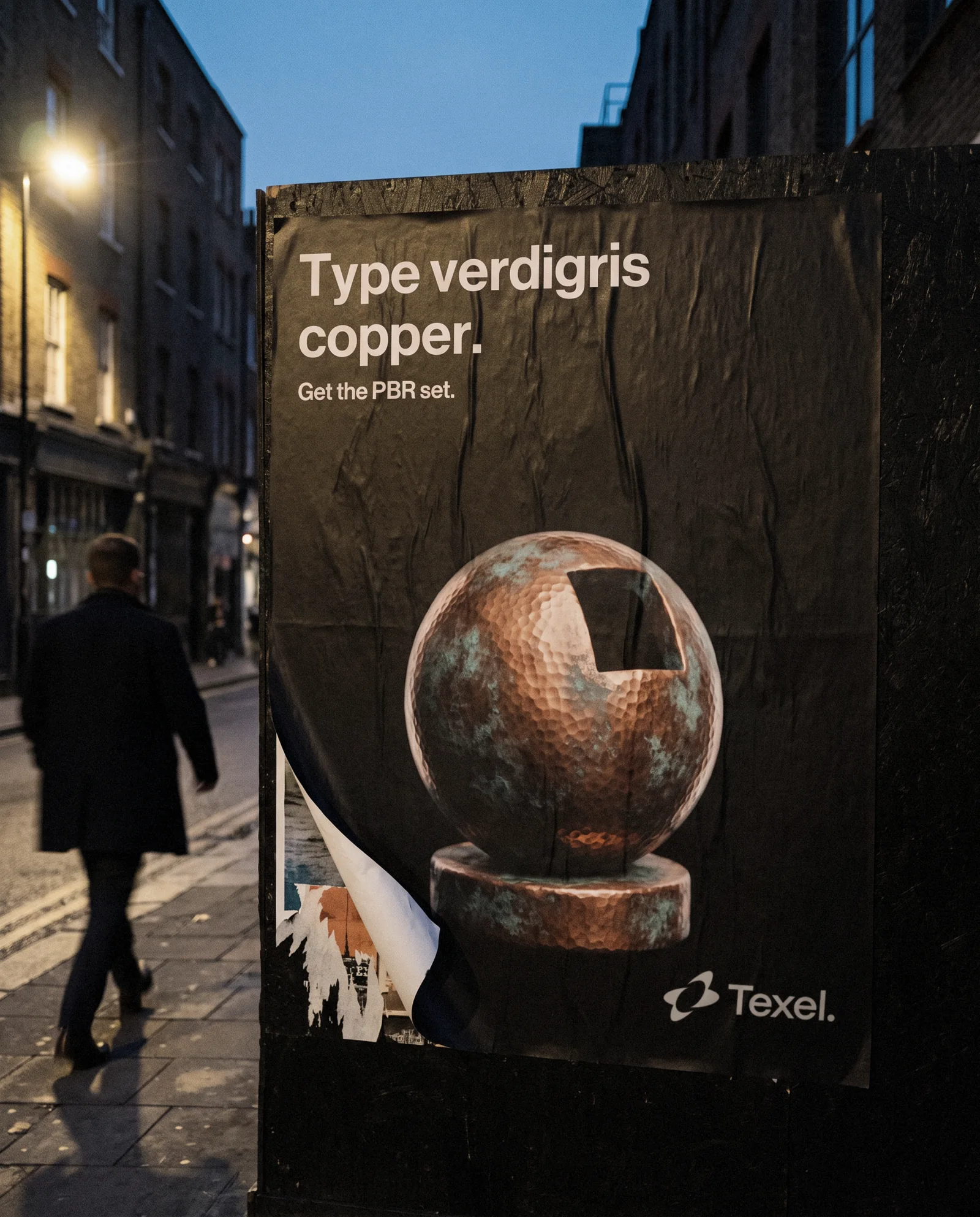 A Texel poster on a black plywood hoarding at dusk: type verdigris copper, get the PBR set