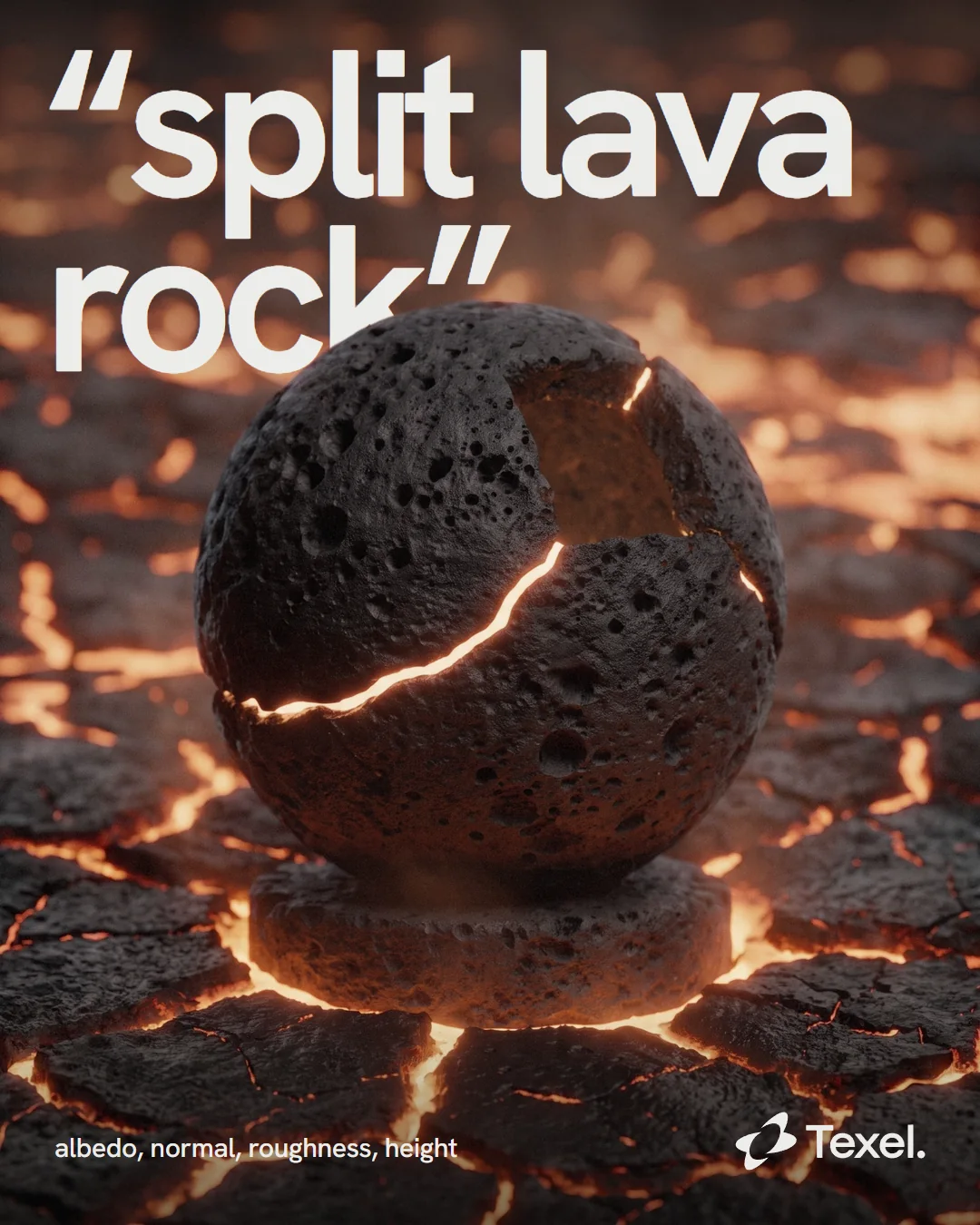 Poster: split lava rock, over a shader ball in porous lava with a molten seam
