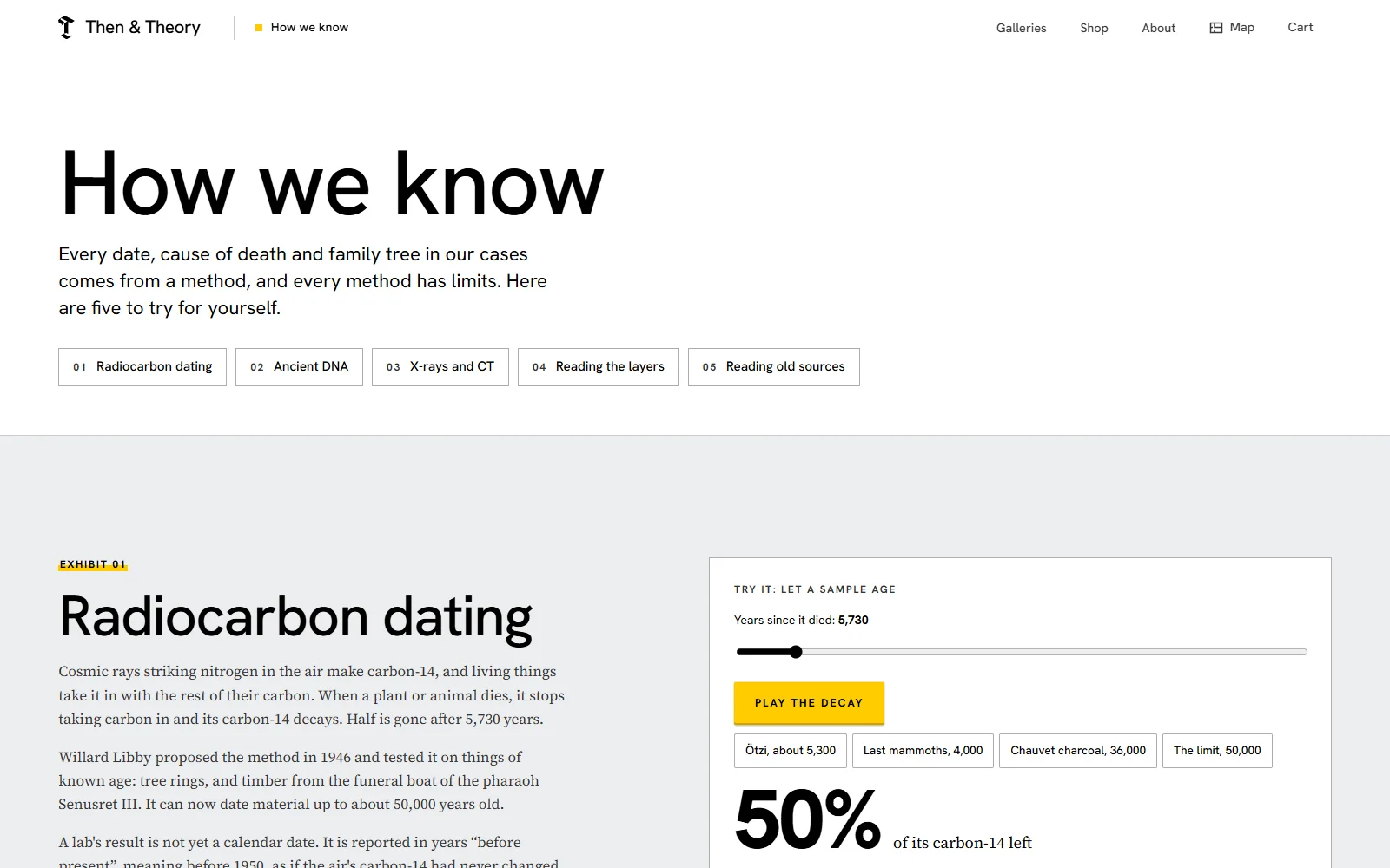 Then & Theory's How we know page: five methods, opening on radiocarbon dating with a decay demo
