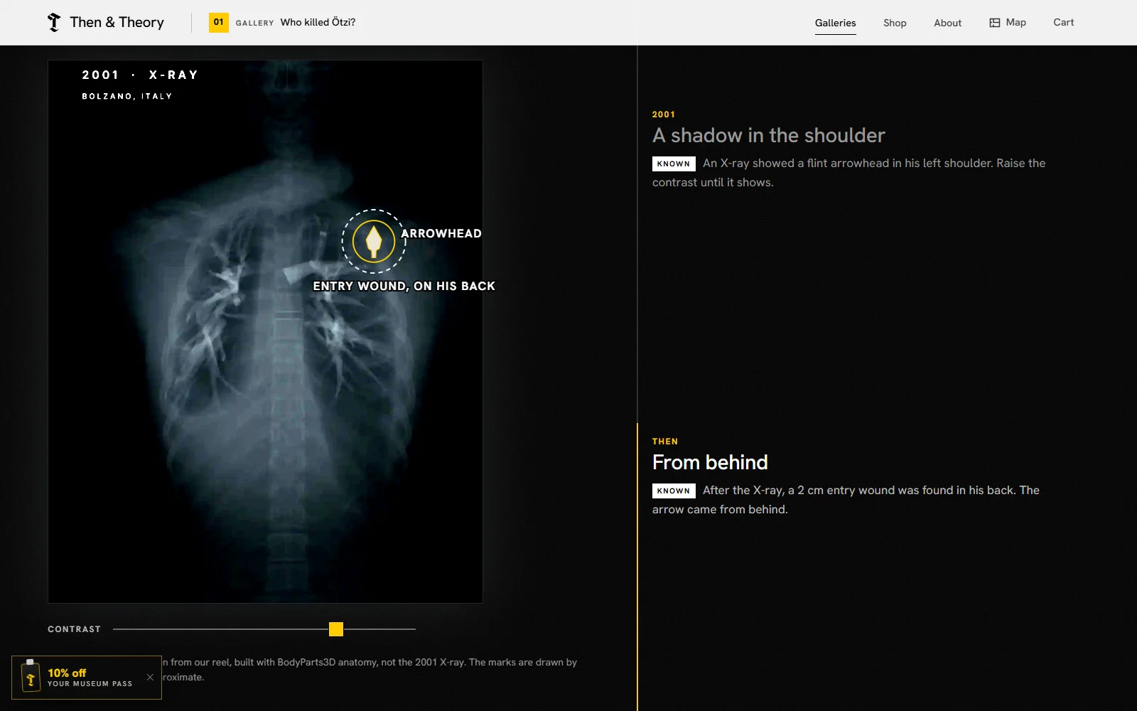 Then & Theory's Ötzi gallery: an X-ray with the arrowhead marked, and claims stamped Known