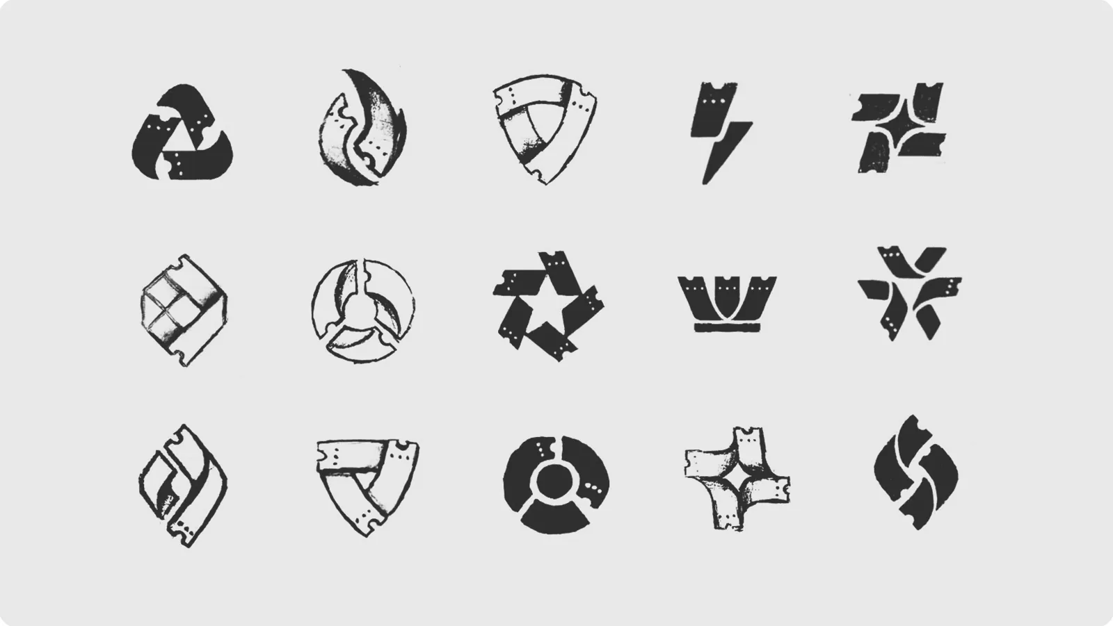 Fifteen early TICKIZ symbol sketches