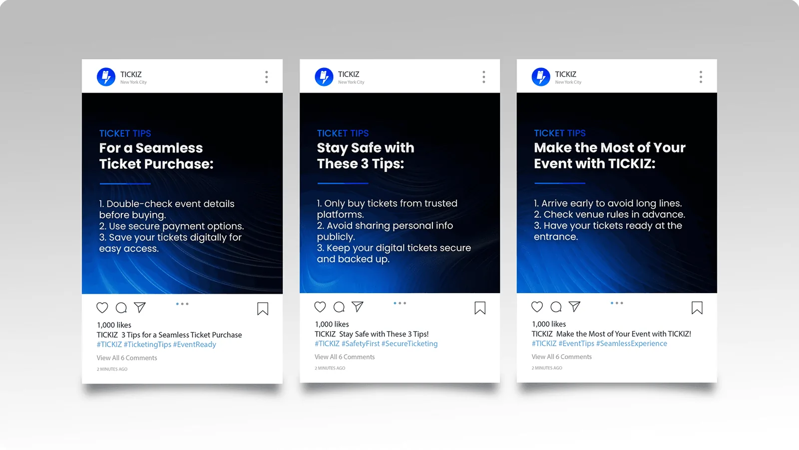 Three TICKIZ social posts with ticketing tips, including 'Stay safe with these 3 tips'
