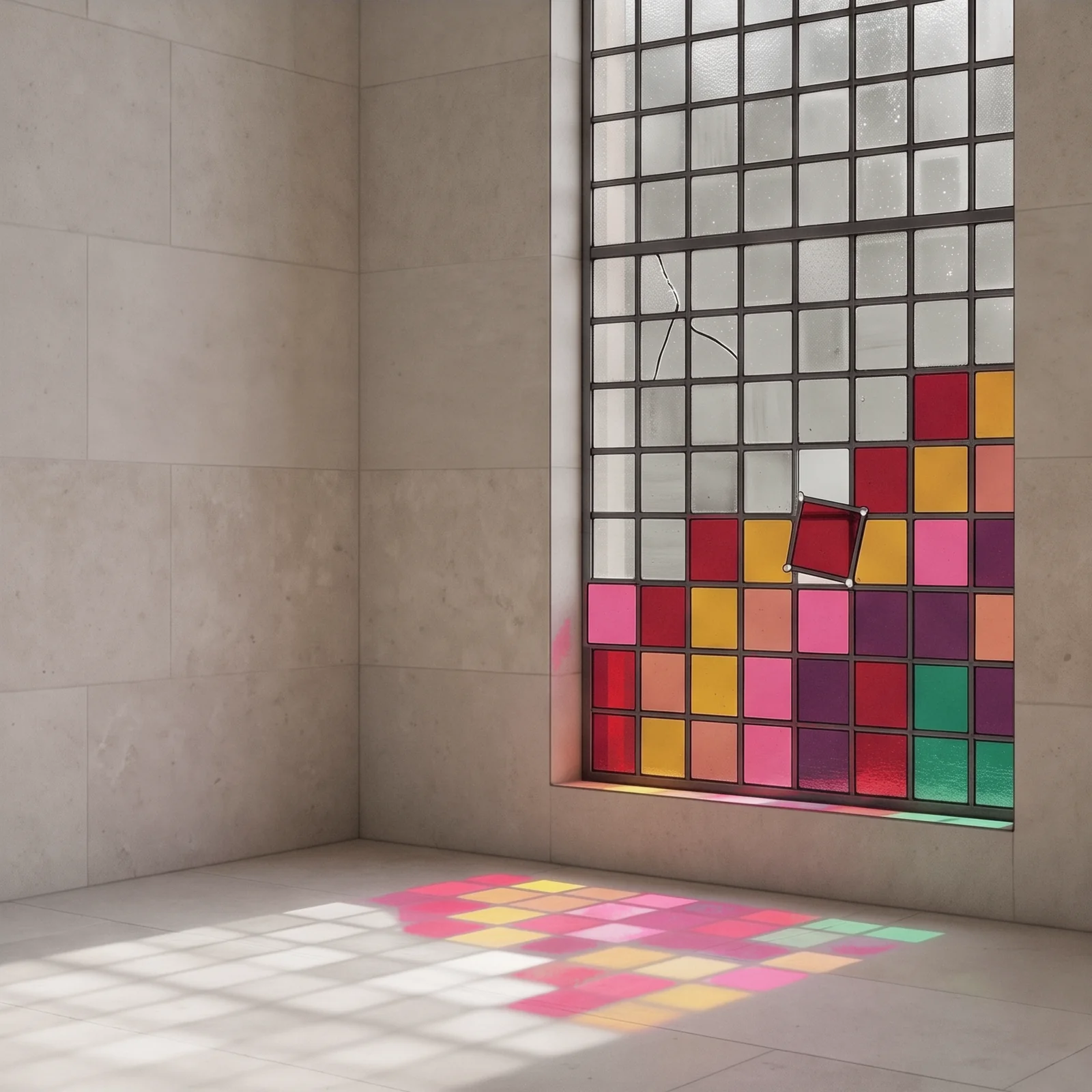 Underpin key art: a leaded-glass window being renewed one pane at a time
