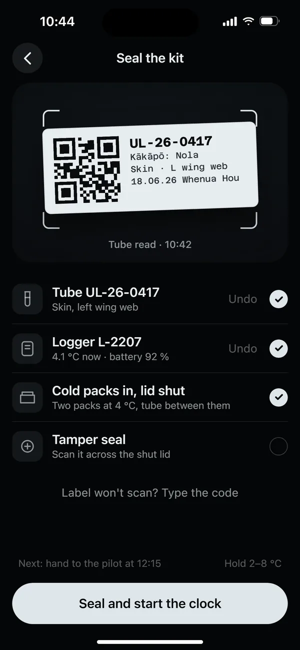 Field, seal: the QR label on the tube and the kit checklist