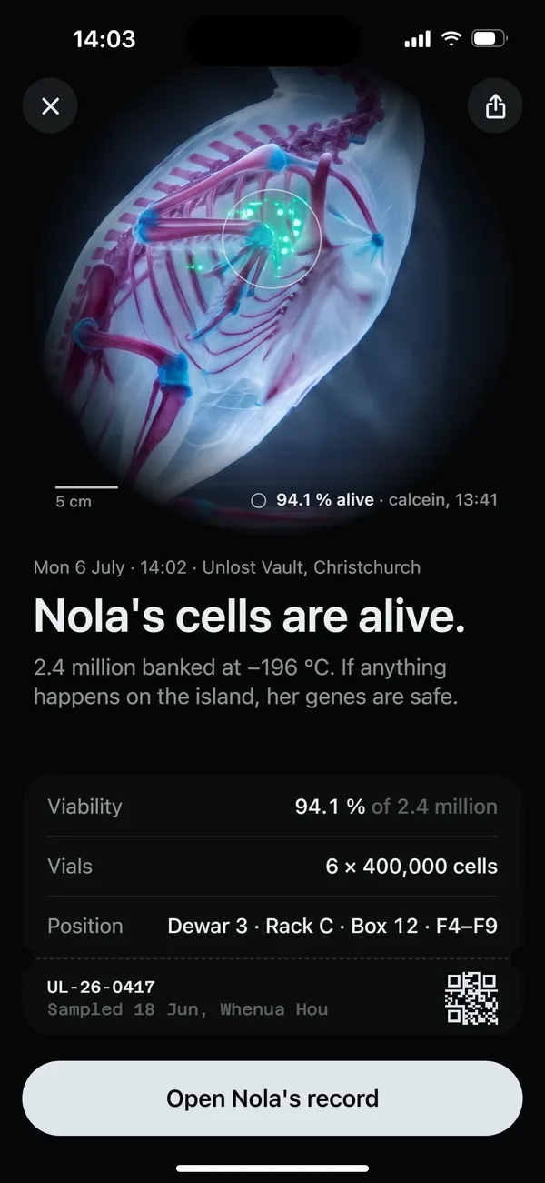 Field, the moment: Nola's cleared chest with her heart lit emerald, and Nola's cells are alive