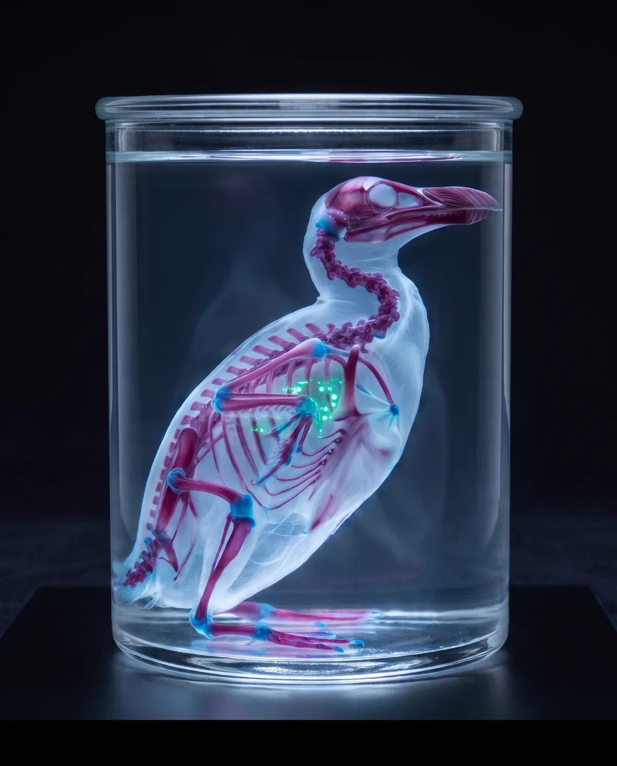The key art: a young great auk, cleared, in a glass specimen jar, its heart lit emerald