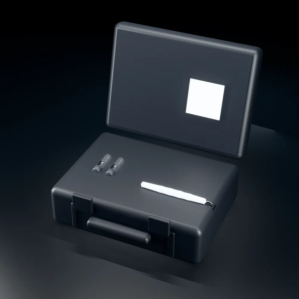 The field sample case, open: a biopsy punch, two vials and the QR seal area