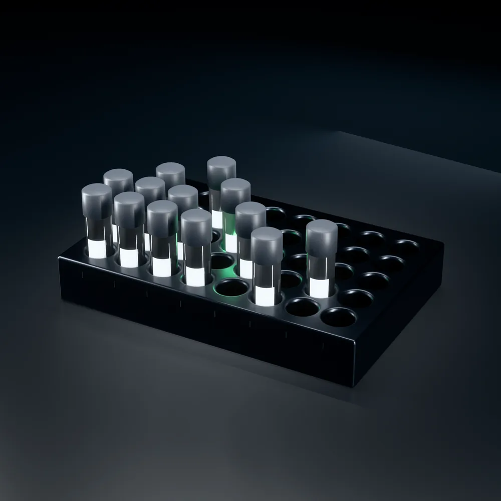 A black anodised cryovial rack, one vial lit emerald