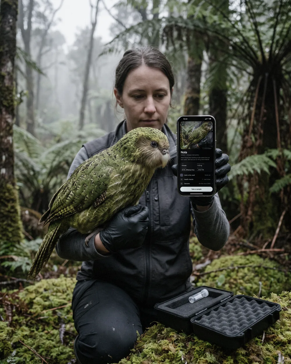 Anna holds Nola, a kākāpō, in a misty forest; her phone shows Nola's profile