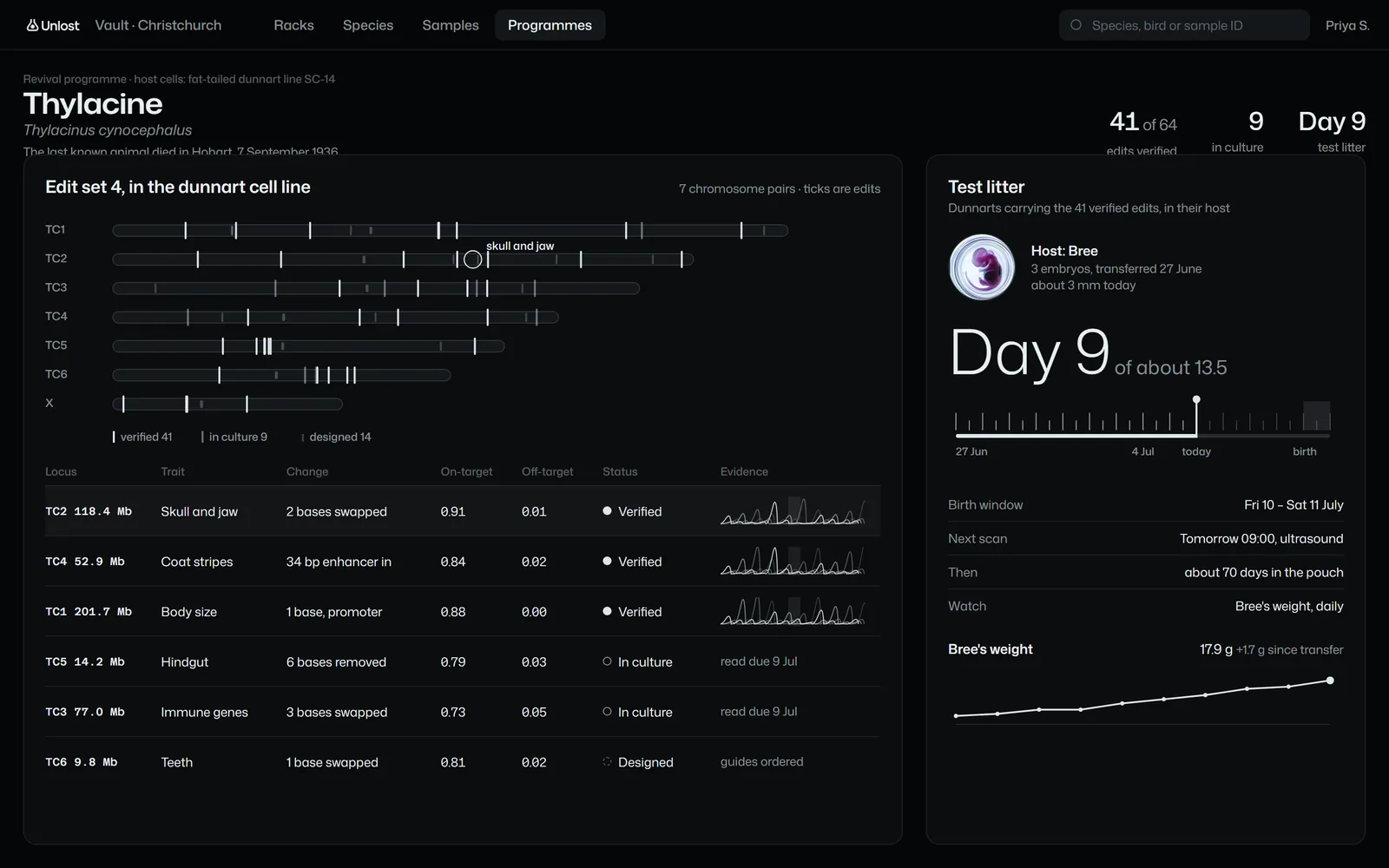 Vault, the thylacine programme: edit tracks on a karyotype and a gestation clock