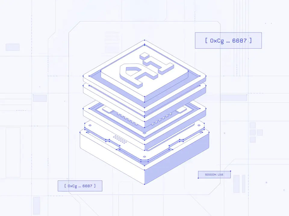 Isometric stack: Product layers that assemble into a mark, drawn as one isometric system.