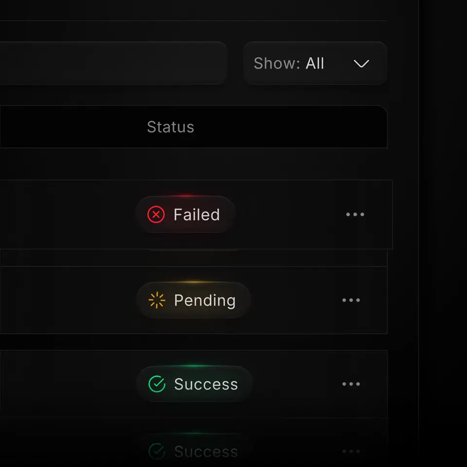 Status table: Transaction rows that resolve from Pending to Success or Failed.